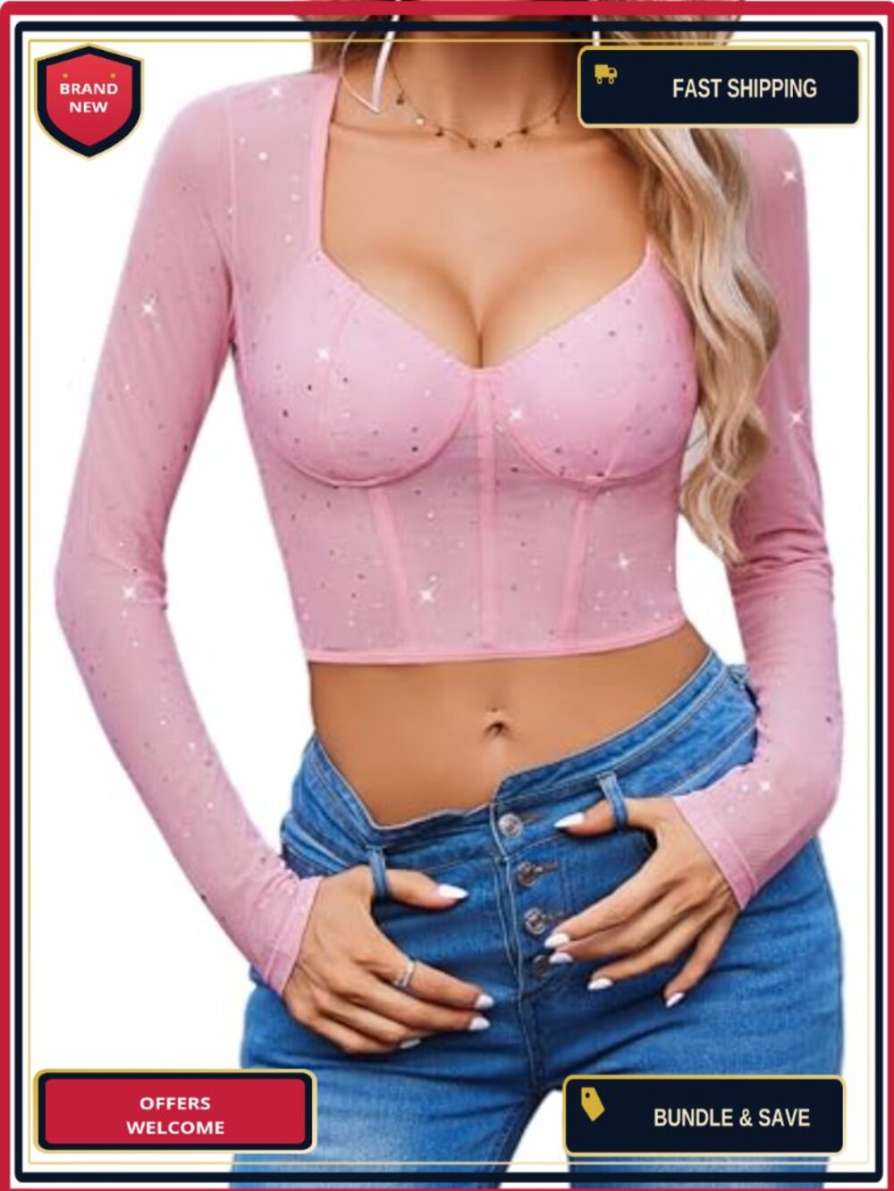 Women Mesh Long Sleeve Sparkle Crop Top Square Neck Y2K Date Night